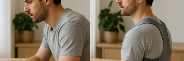 Vergelijkende foto van een man achter zijn laptop: links met kromme rug, rechts met rechte houding dankzij een grijze postuurbrace, natuurlijke belichting.