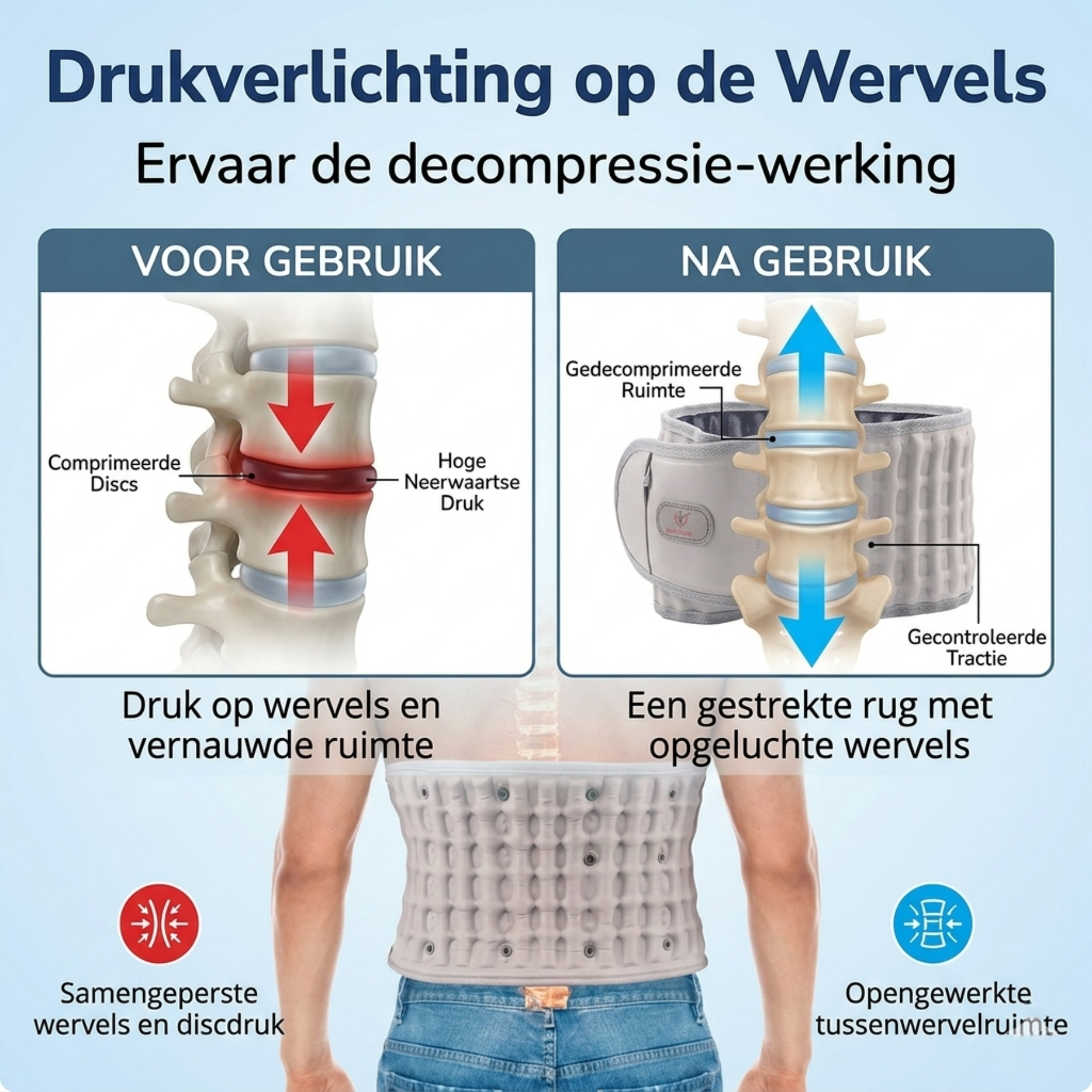 rechte rug Decompressie brace bij hernia onderrug — verlicht druk op de tussenwervelschijven en biedt directe ondersteuning waar het pijn doet.