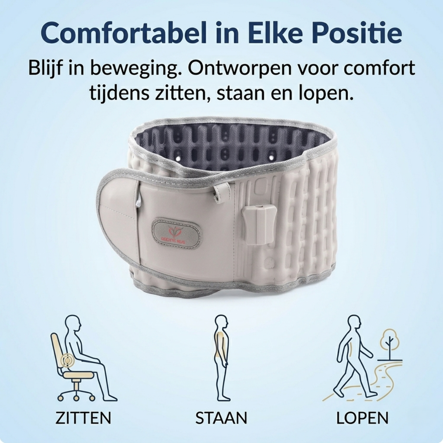 Hernia verlichtende brace voor de onderrug — opblaasbaar systeem dat de wervelkolom zachtjes strekt en ruimte creëert tussen de wervels.