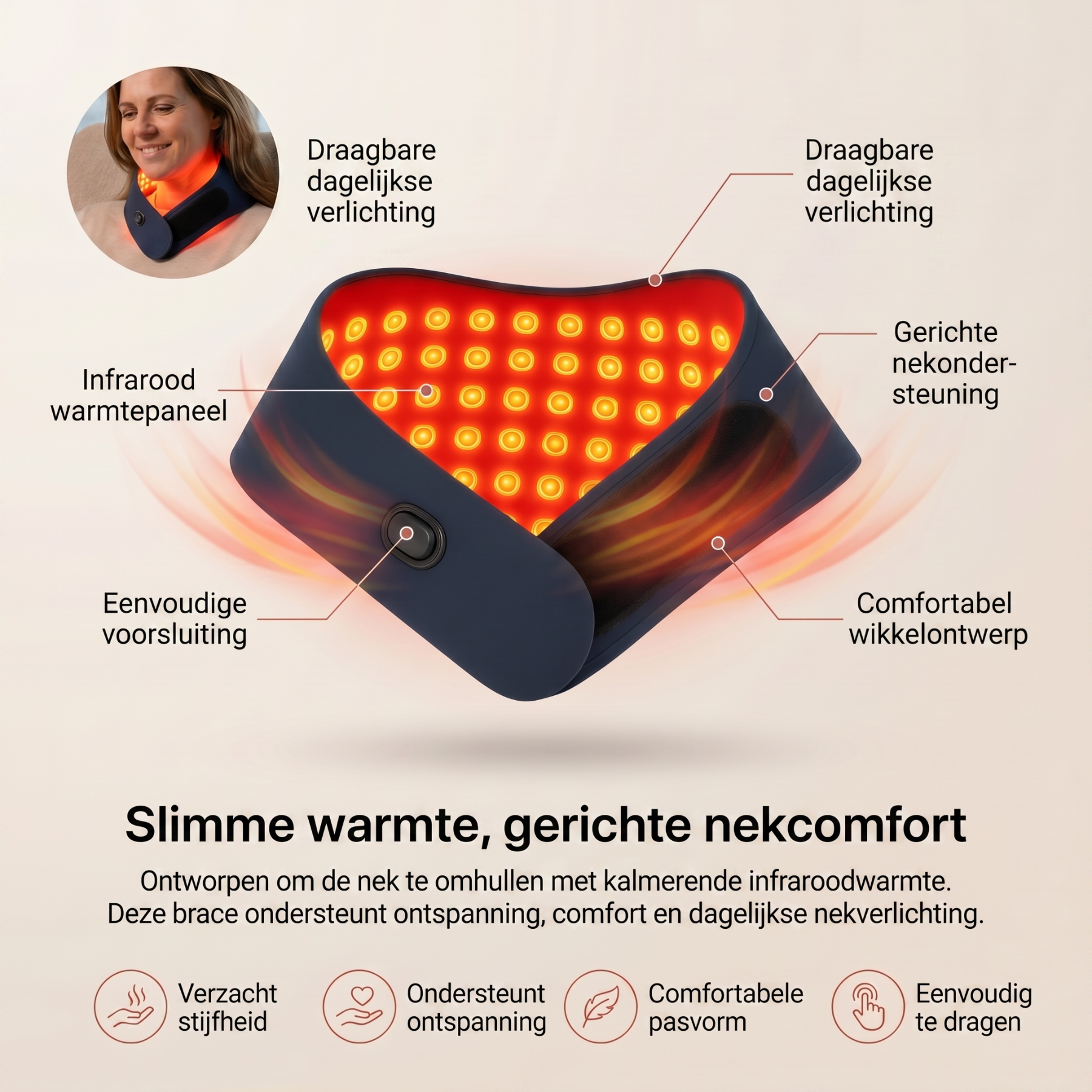 Helpt stijve nekspieren ontspannen met zachte infraroodwarmte rond de nekwervels.