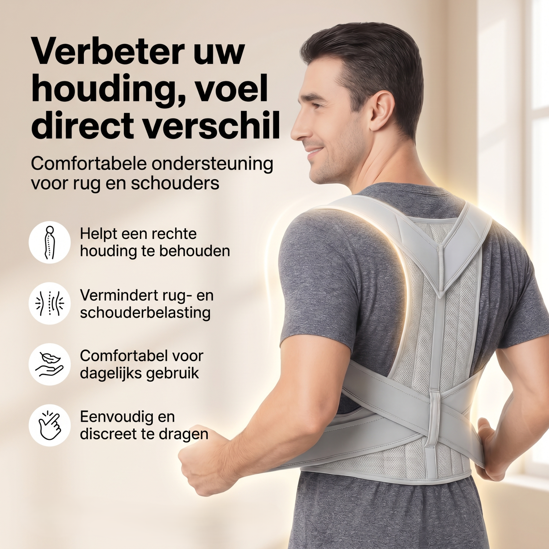 Man met houding corrector rug ondersteuning rechte rug correctie rechte-rug.nl