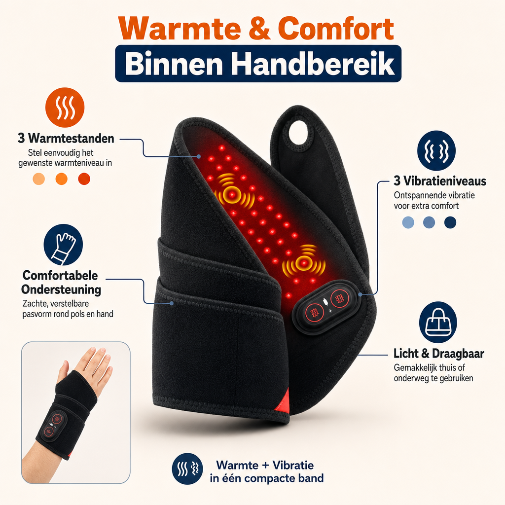 Comfortabele polsbrace met zachte warmte en verstelbare pasvorm.