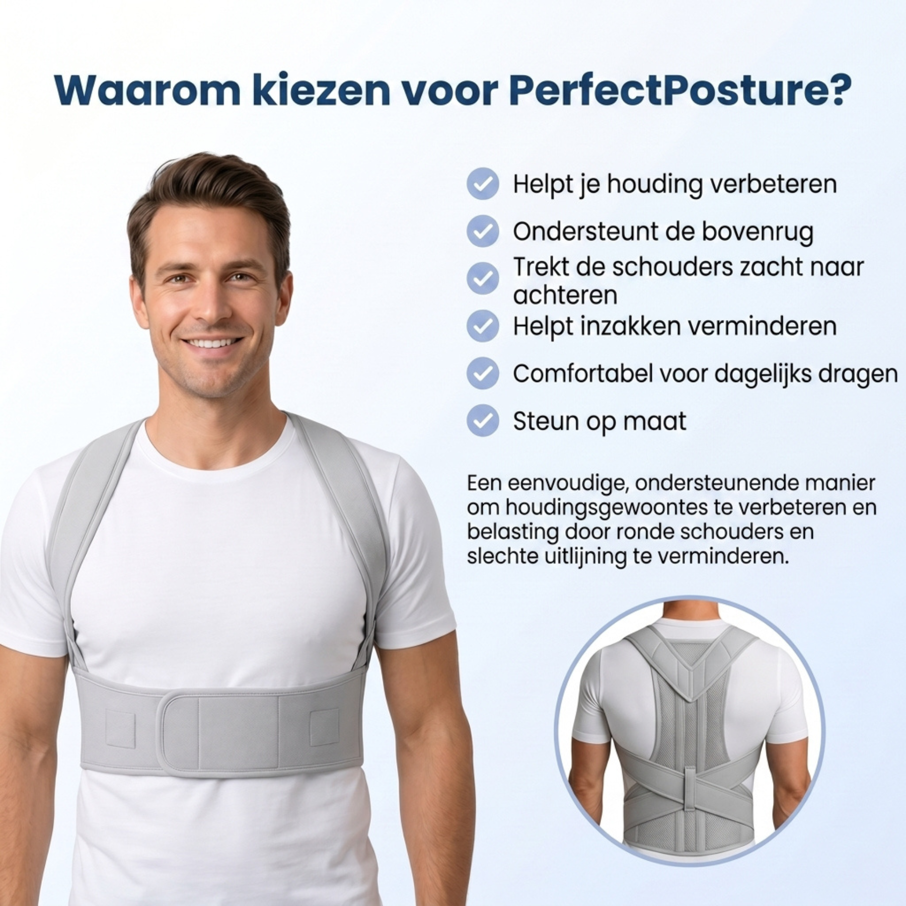 Verstelbare houdingcorrector voor een stevige, comfortabele pasvorm.