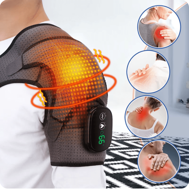 schouder brace met infrarood en massage voor schouders. infrarood therapie tegen artrose in de schouder pijnlijke schouders brace bescherming met warmte warmtetherapie schouders. roodlicht therapie voor schouders. infrarood schouder brace voor support, warmte en massasge.