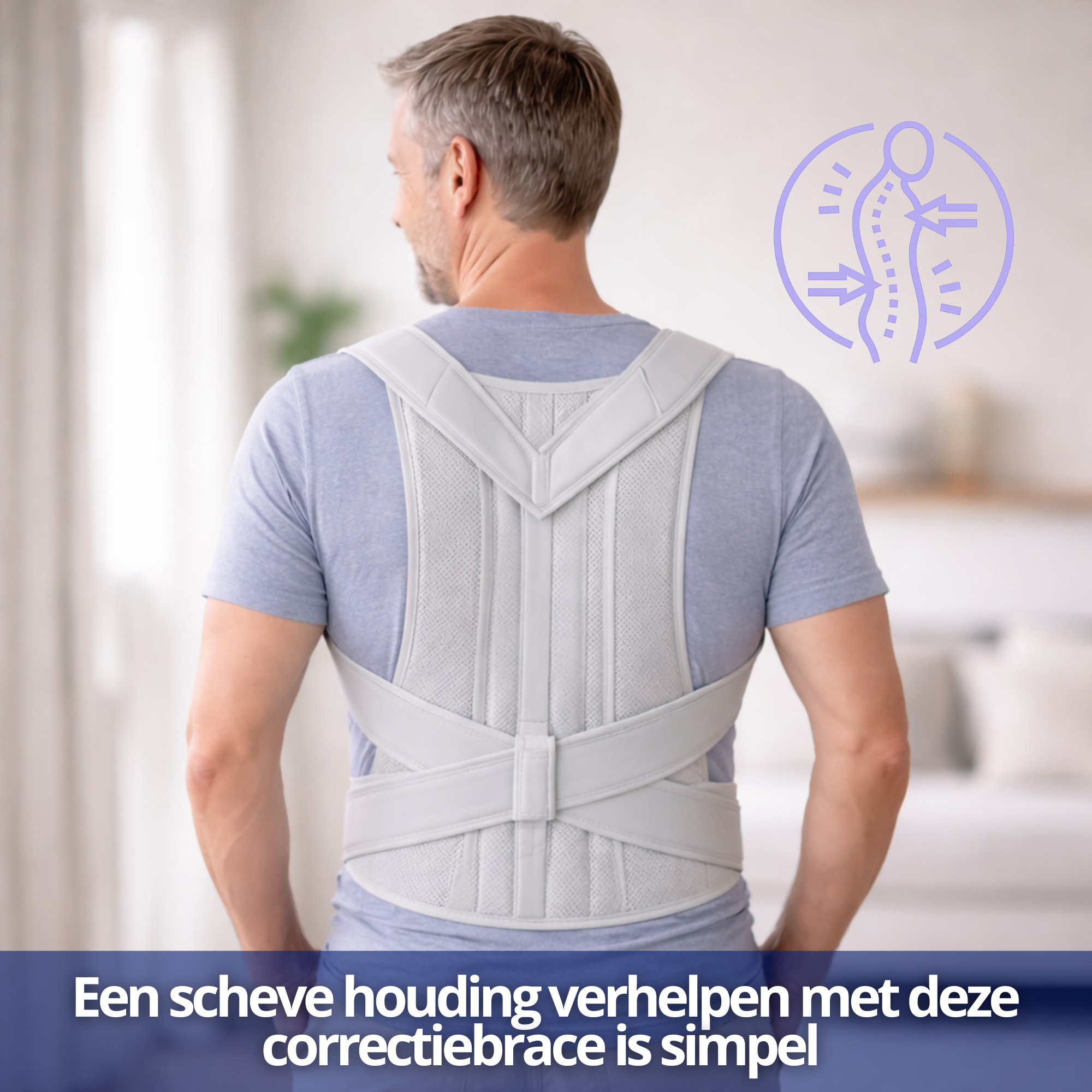 Postuurhouder gedragen door man, ontworpen om de houding te ondersteunen en te verbeteren.