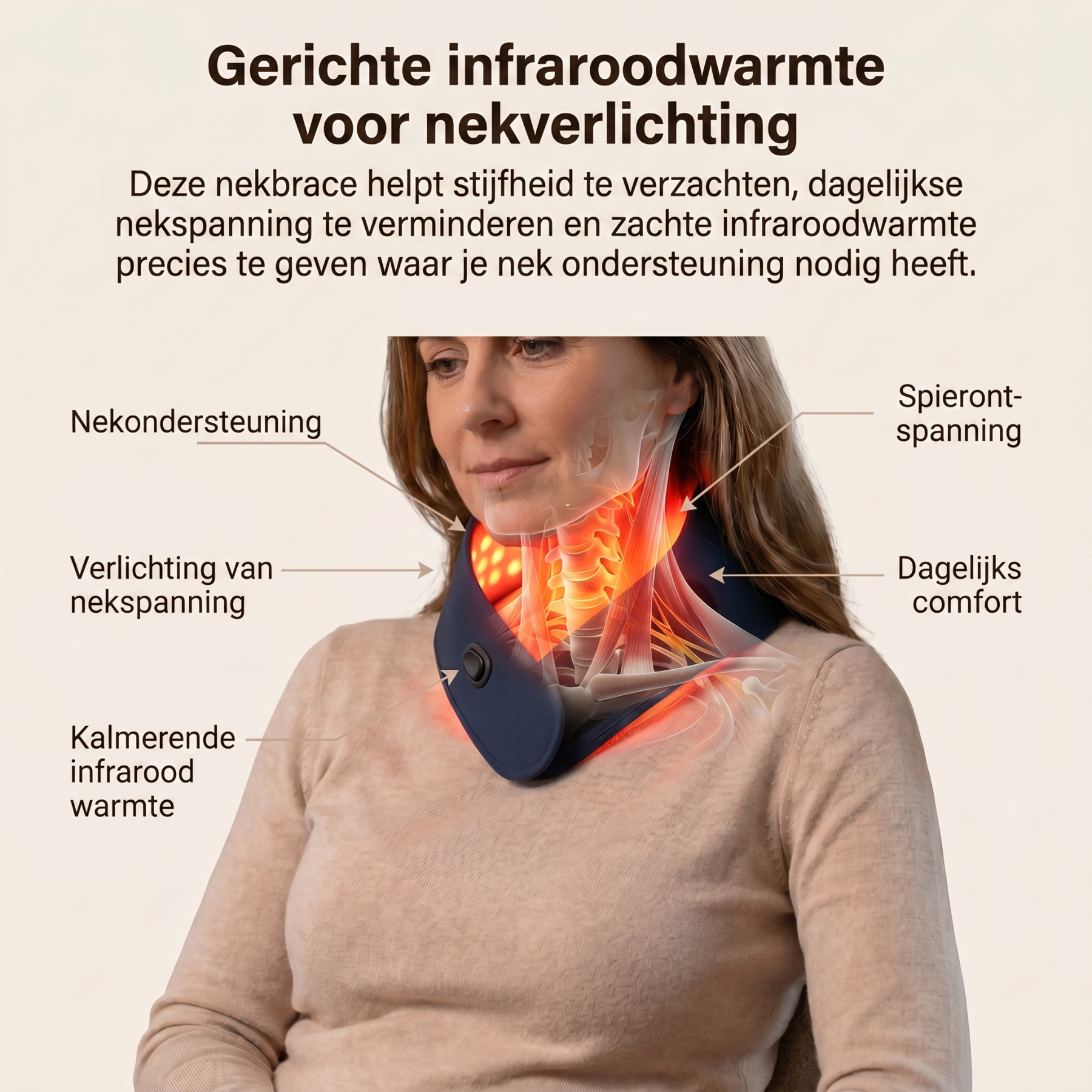 Geeft gerichte warmte aan de nek om ongemak door dagelijkse belasting te verzachten.