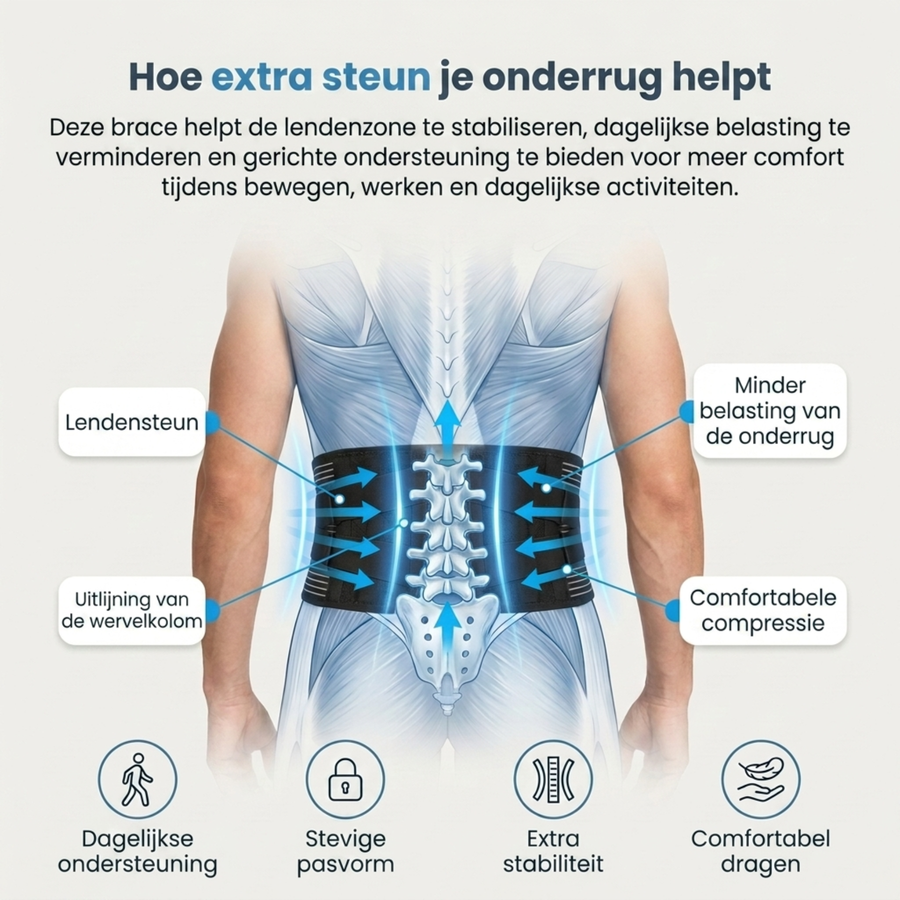 Een comfortabele onderrugbrace voor extra steun zonder te strak aan te voelen.