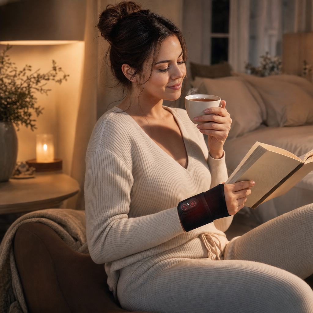 Verwarmde polsbrace met zachte ondersteuning, warmte en vibratie.