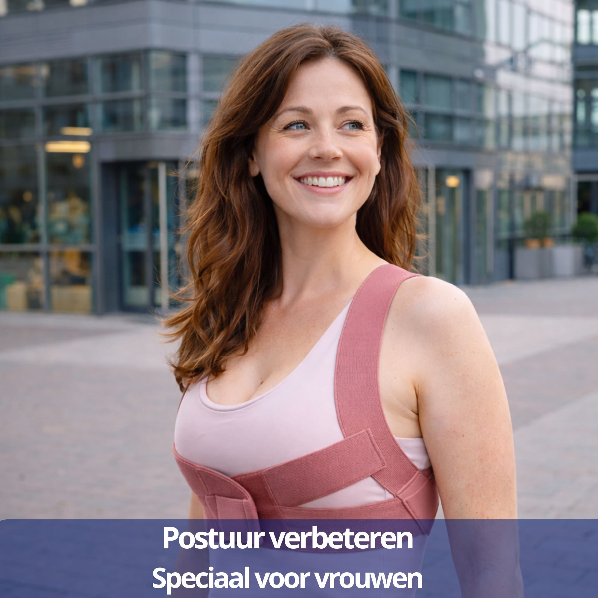 Vrouw draagt ActivePosture Ladylijn houdingscorrector in roze voor een rechte houding en dagelijks comfort.