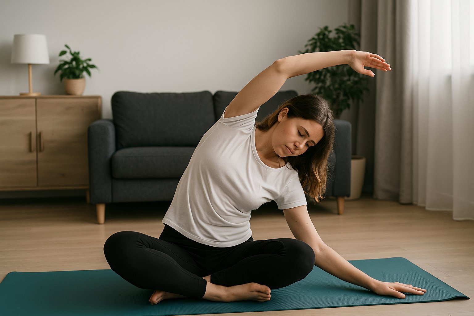 Vrouw met scoliose en lage rugklachten doet rustige rekoefening op yogamat in woonkamer