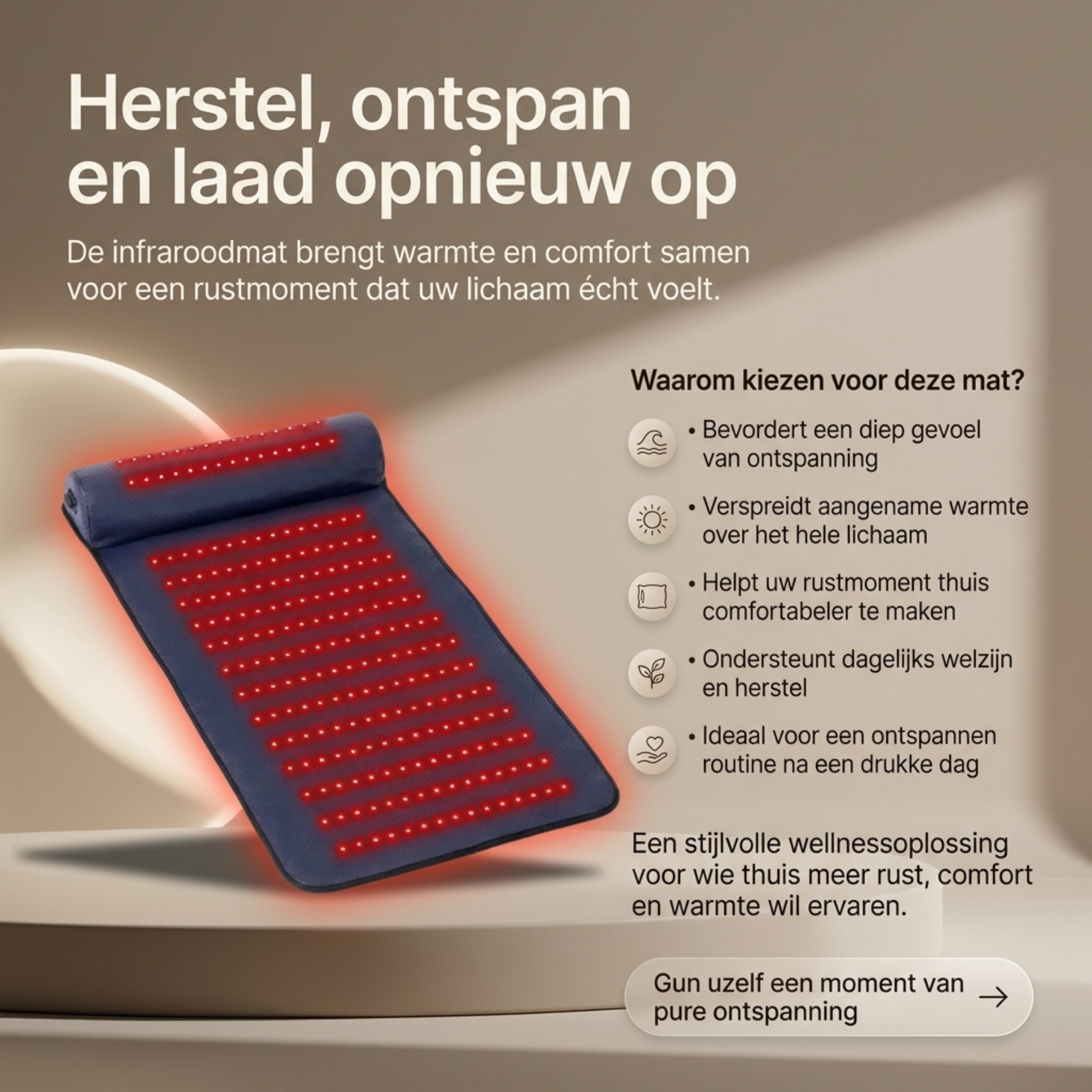 Infraroodmat met rode LED-warmte voor ontspanning en herstel, productoverzicht met voordelen en comfortabele uitstraling