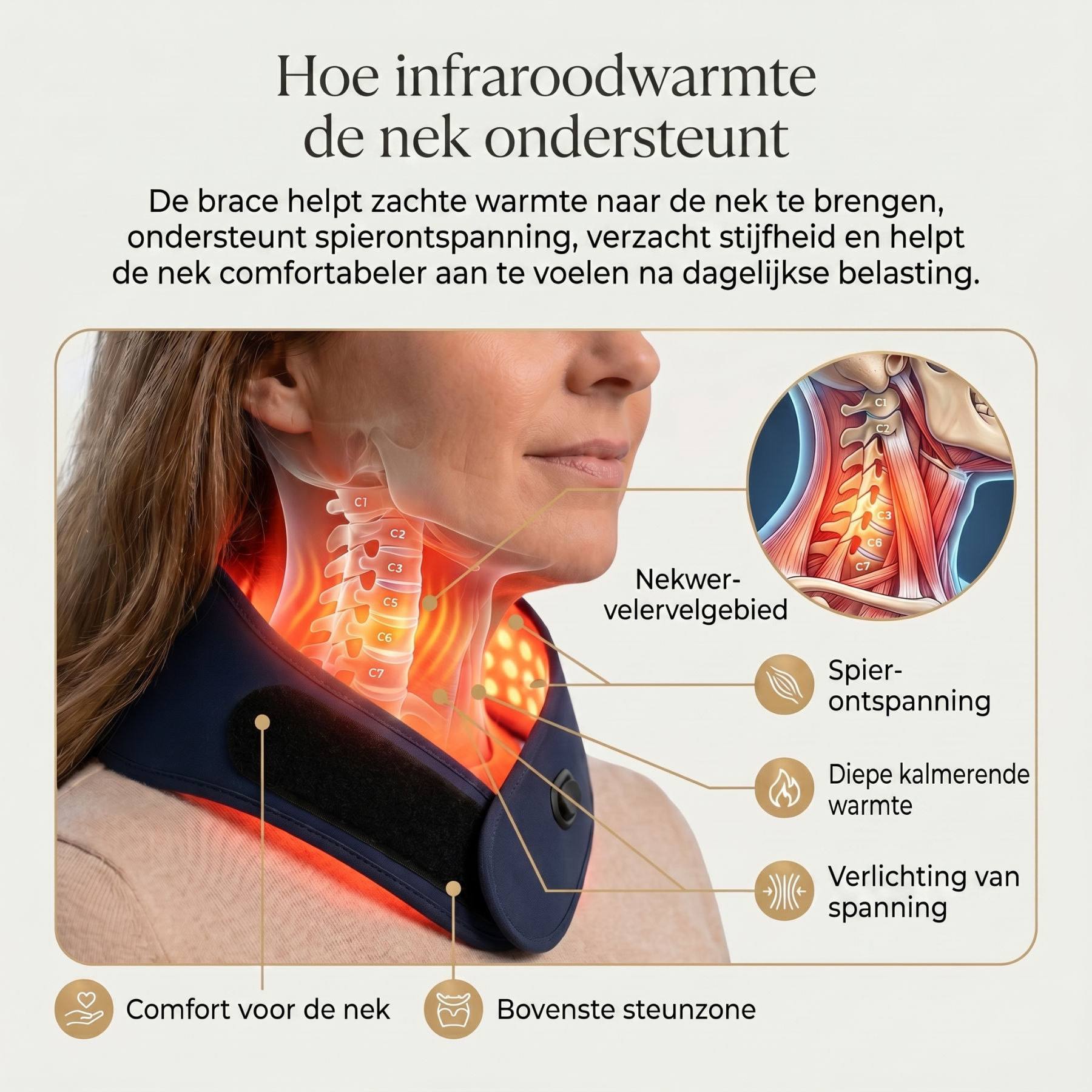 Infrarood nekbrace ontworpen om nekspanning te verzachten en dagelijks comfort te ondersteunen.
