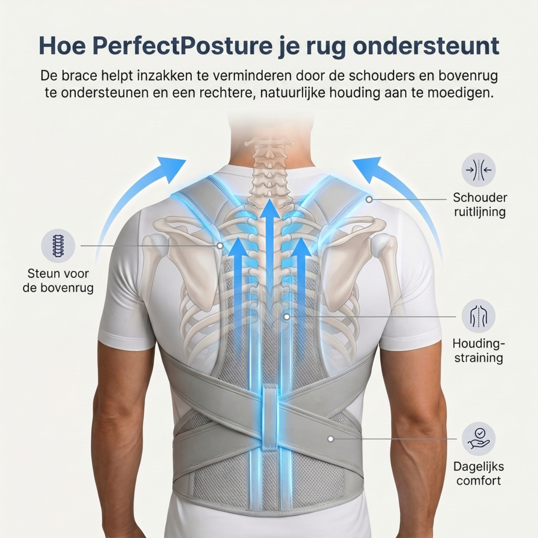 Op maat verstelbare houdingbrace die de bovenrug ondersteunt en je houding helpt verbeteren.