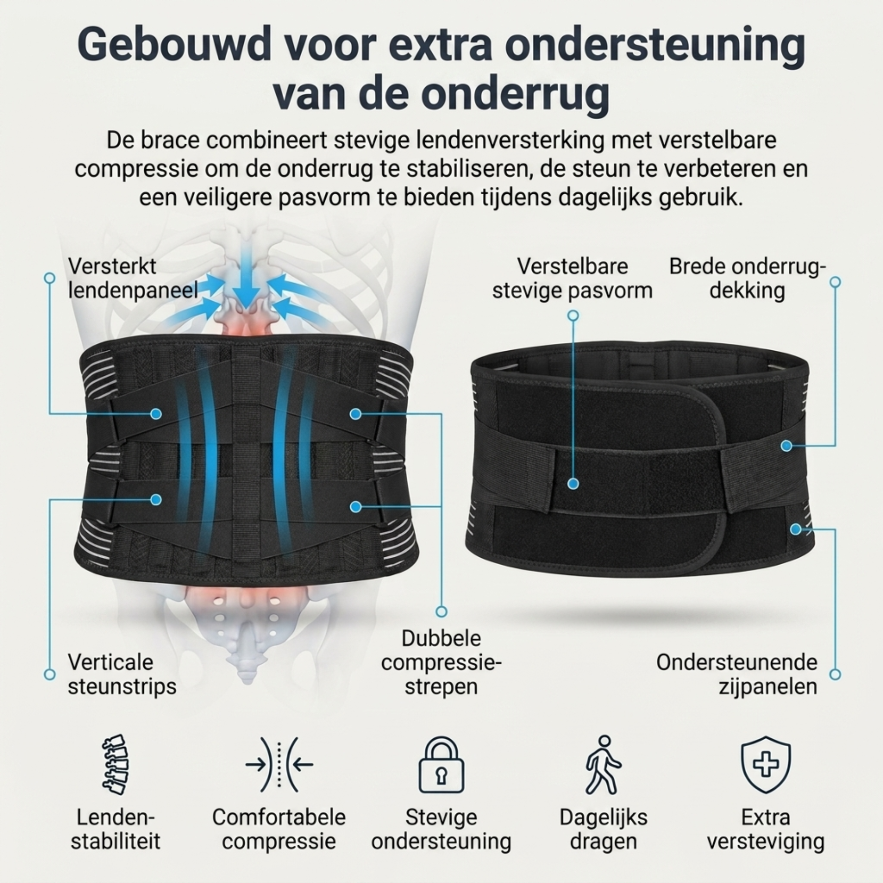 Extra lendensteun die helpt je onderrug te stabiliseren tijdens werk, beweging en dagelijkse activiteiten.