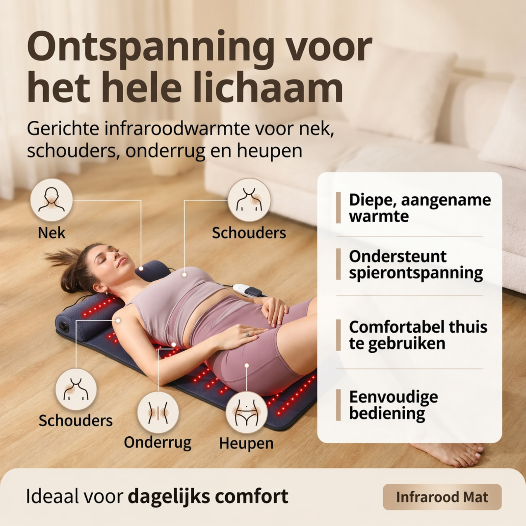 Vrouw liggend op infraroodmat met gerichte warmtezones voor nek, schouders, onderrug en heupen in moderne woonkamer