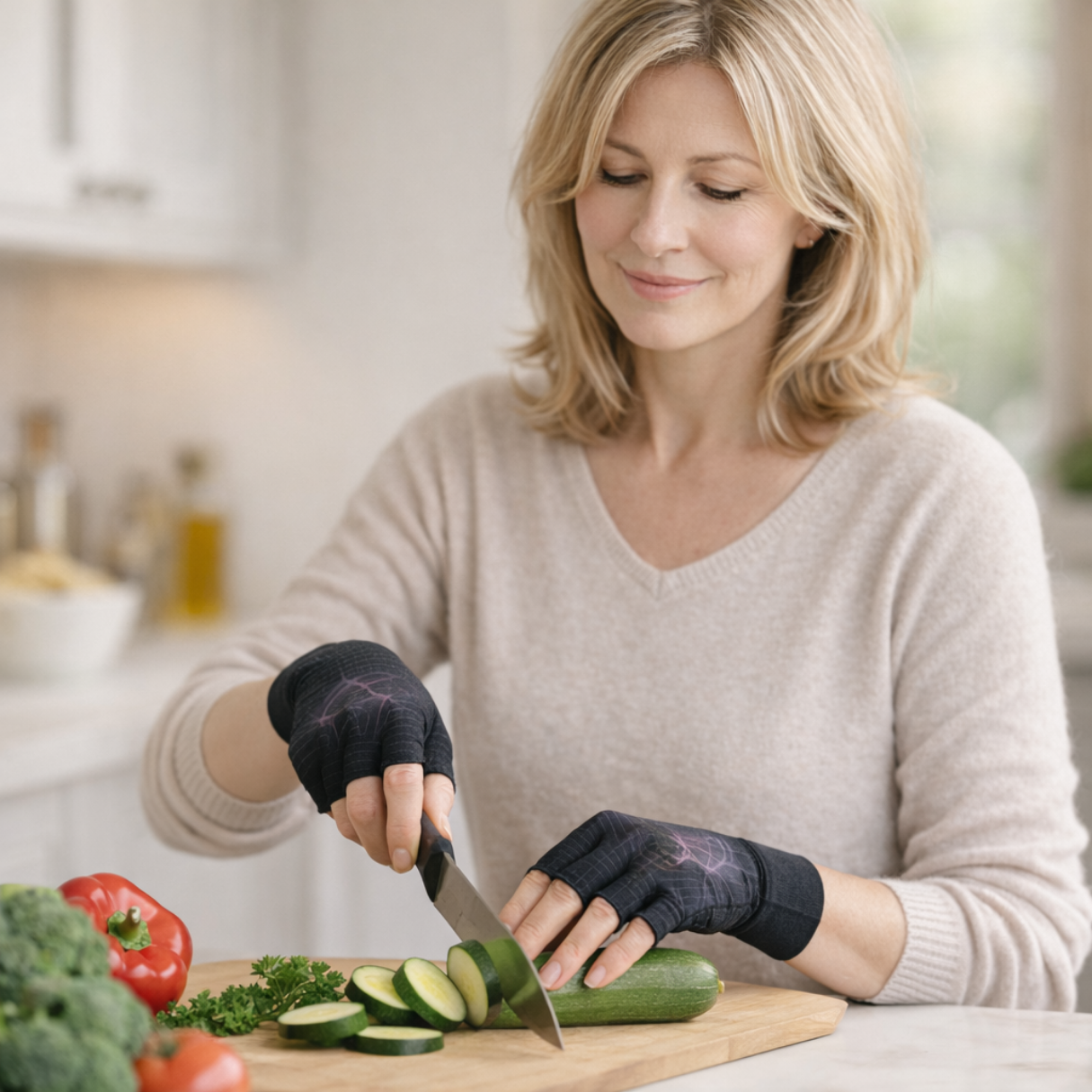 compressie handschoenen steun bij reuma in de handenm pijhnlijke handen rechte rug 2