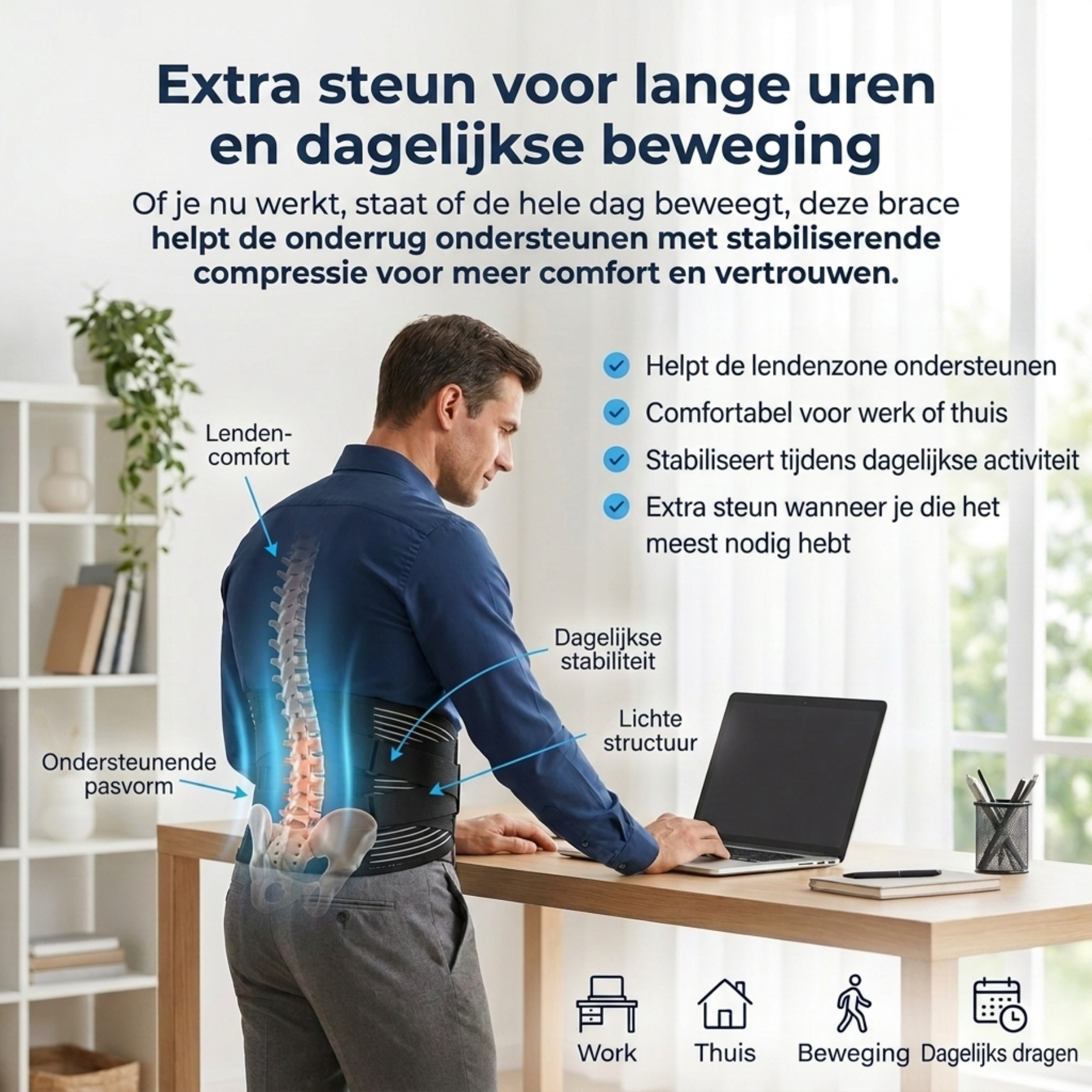 Verstelbare compressie helpt onderrugbelasting te verminderen en geeft comfortabele steun.