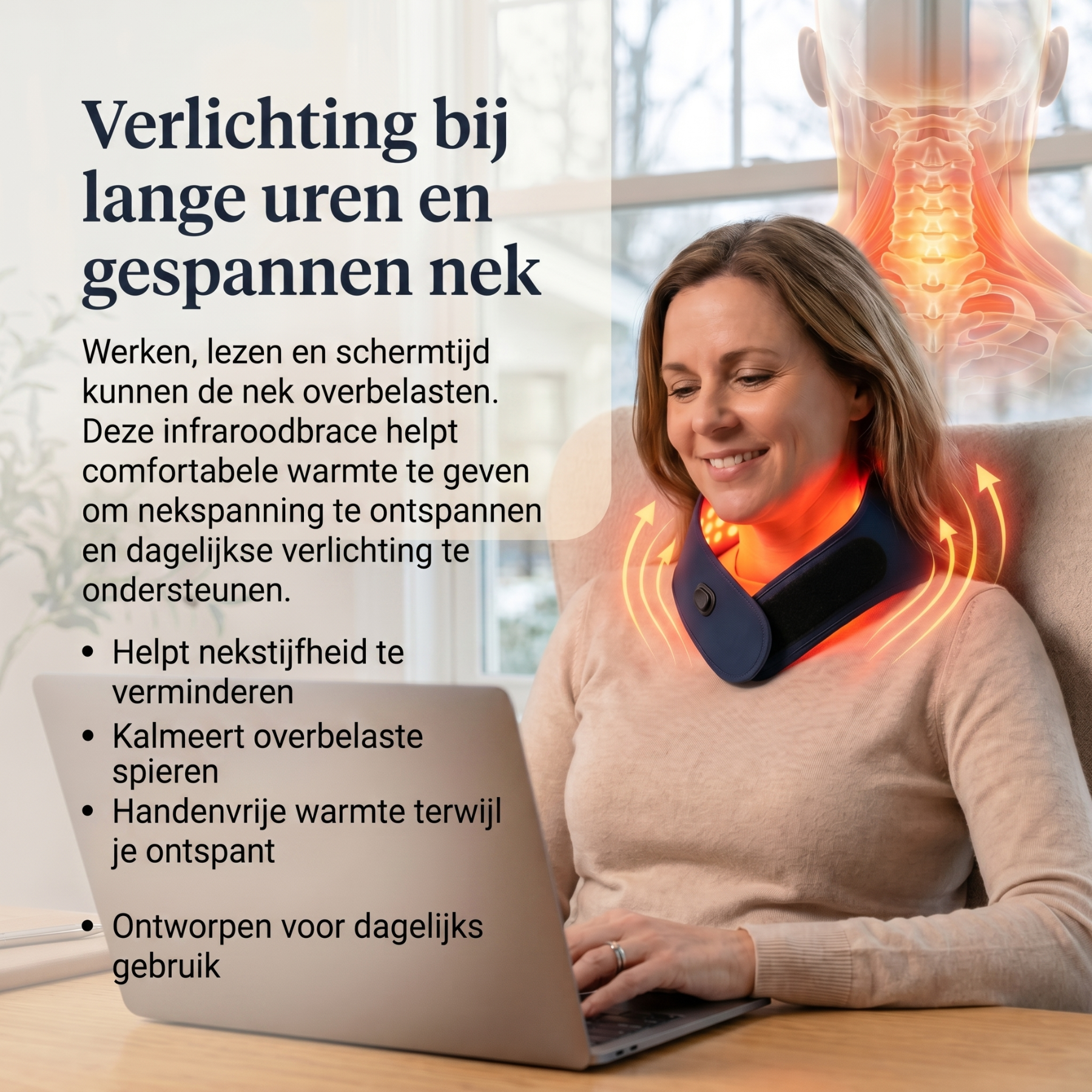Comfortabele nekbrace die de nekwervels ondersteunt met kalmerende infraroodwarmte.