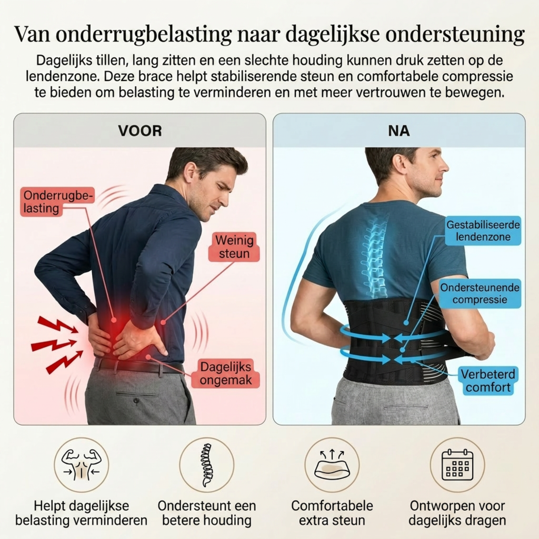 Ontworpen voor lang zitten, staan en dagelijks bewegen met stevige onderrugsteun.