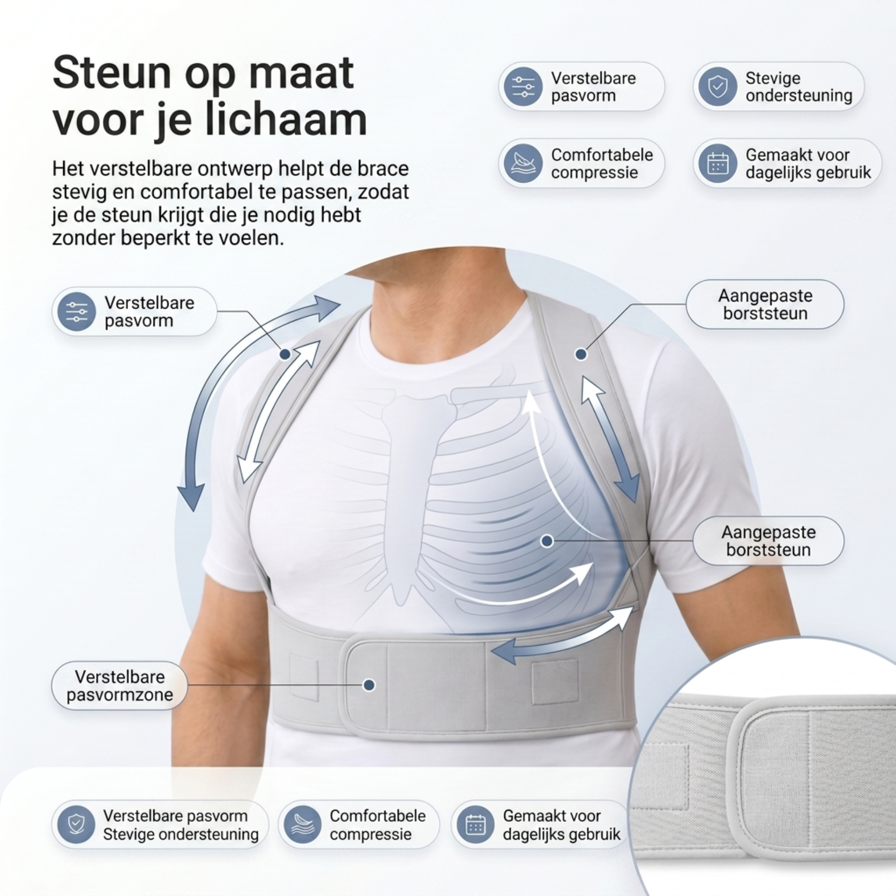 Helpt betere houdingsgewoonten aan te leren met zachte rug- en schoudersteun.