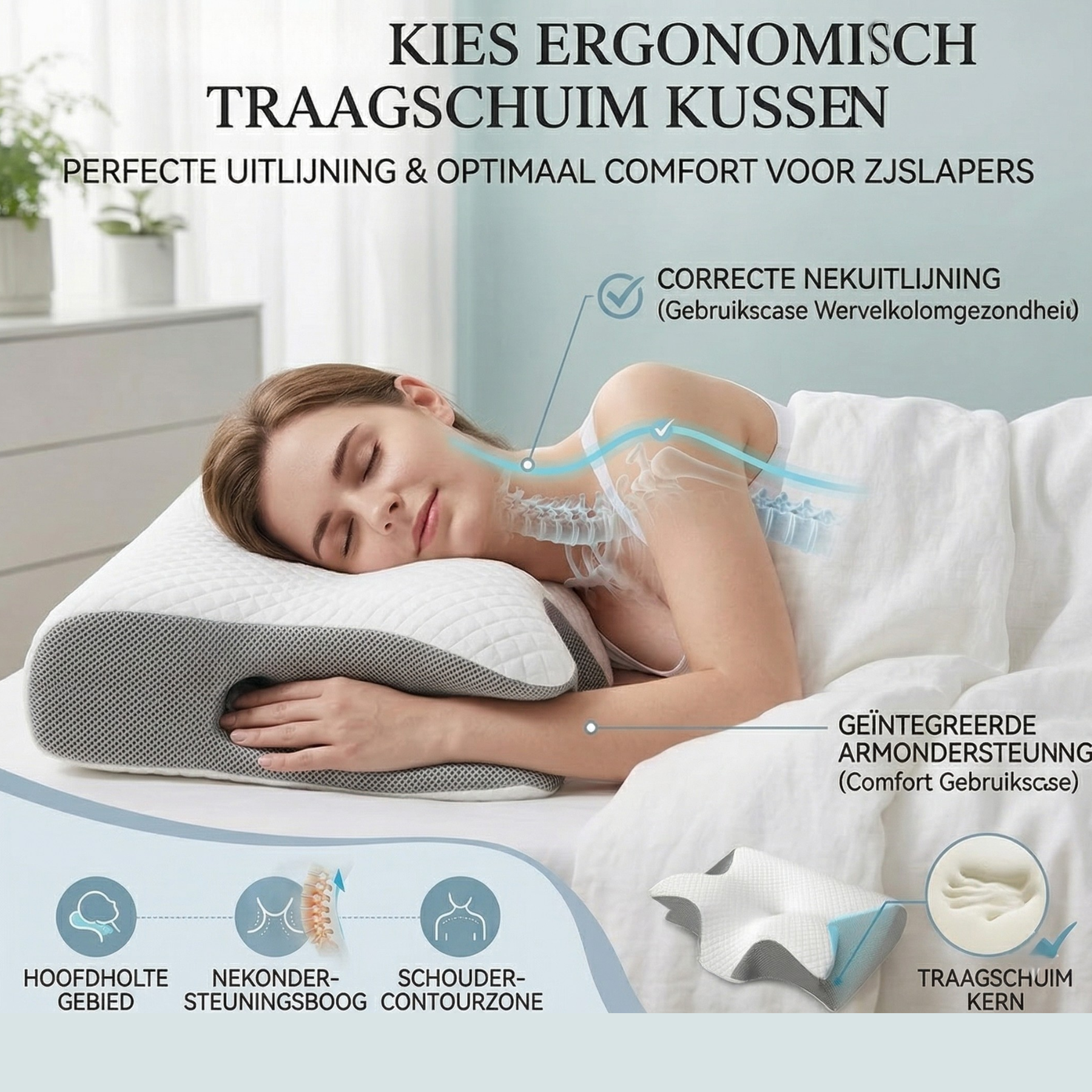 Comfortabel slaapkussen met inkeping voor armen en schouders
Nekkussen voor diepere slaap en minder draaien in bed