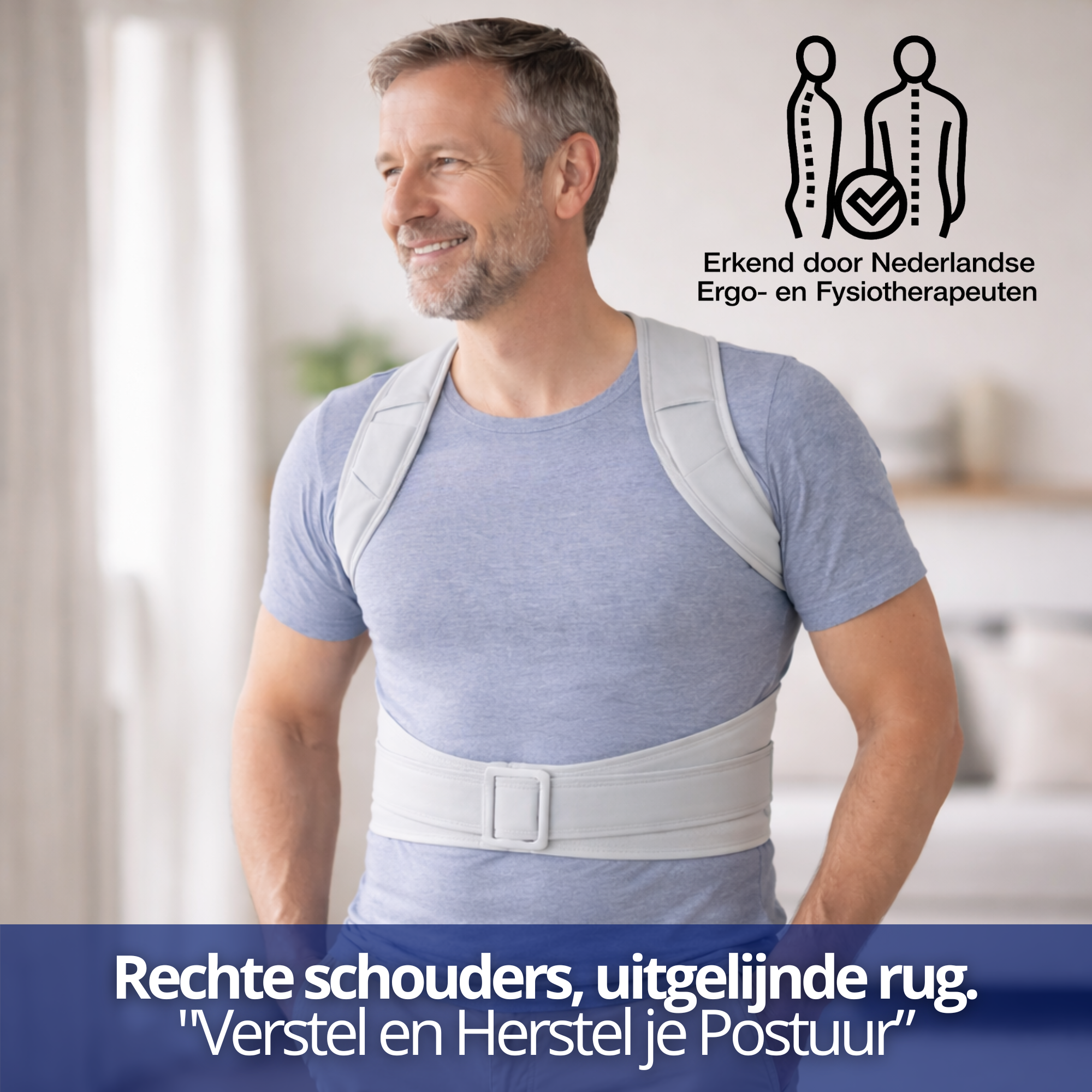 Postuurhouder gedragen door man voor ondersteuning van rechte schouders en een uitgelijnde rug.