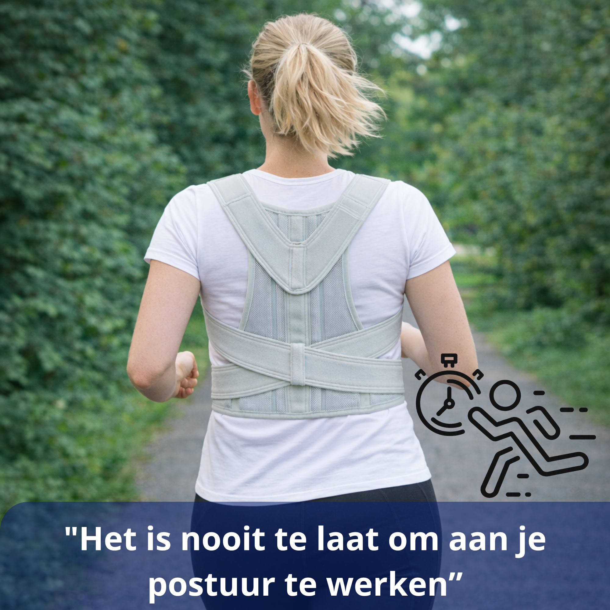 Postuurhouder gedragen door vrouw tijdens hardlopen, ontworpen voor actieve ondersteuning.