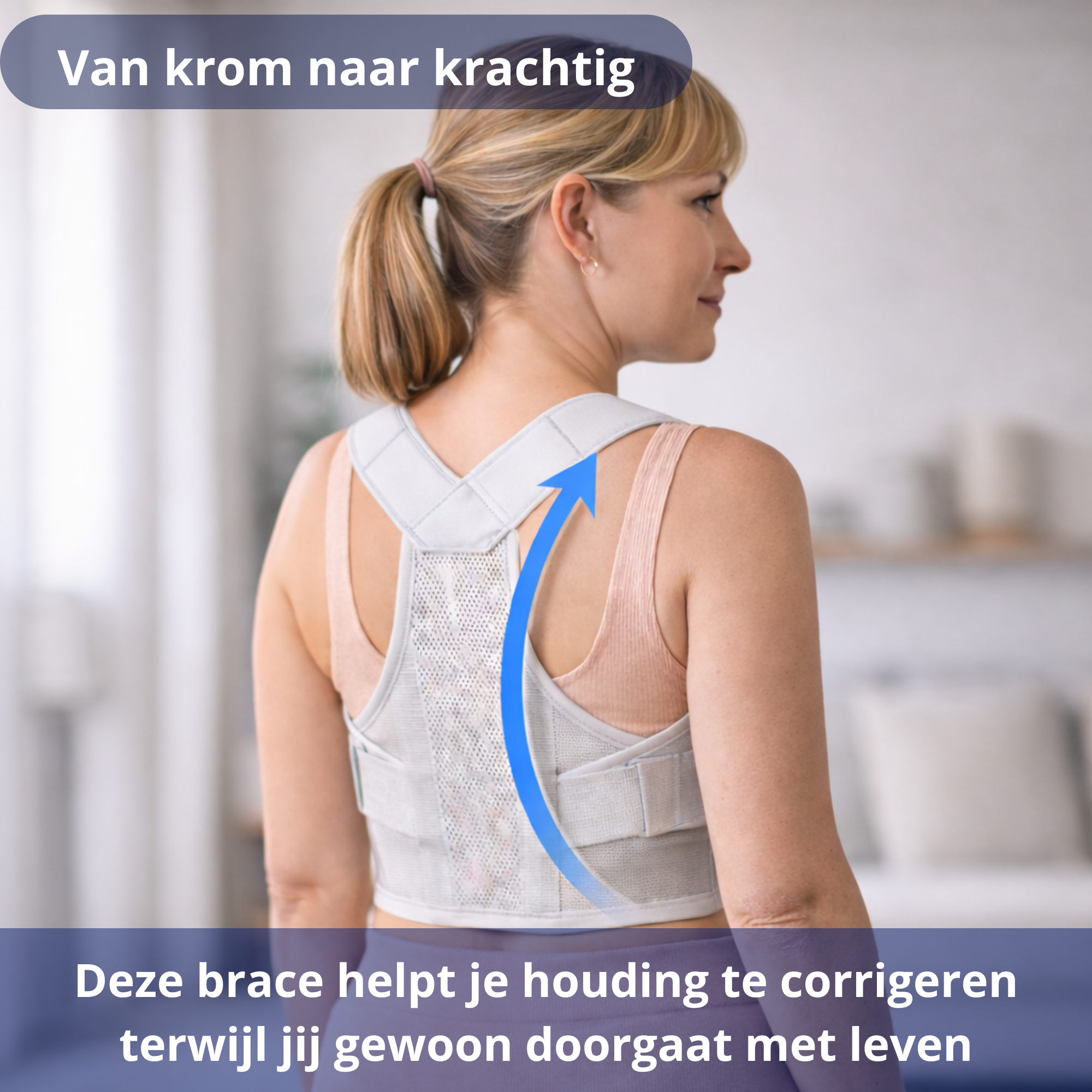 Vrouwen houdingscorrector ActivePosture gedragen op de rug voor het verbeteren van een rechte lichaamshouding.